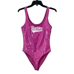 Barbie X Forever 21 Logo Bodysuit Womens Small Pink White Faux Patent Vinyl